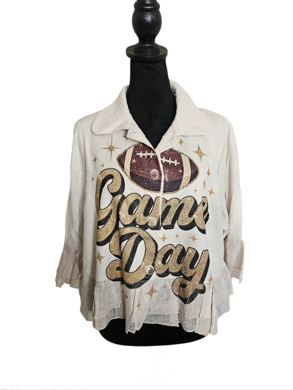 Origami By Vivien Game Day Blokecore Cream Ruffle Football Button-Down Blouse L